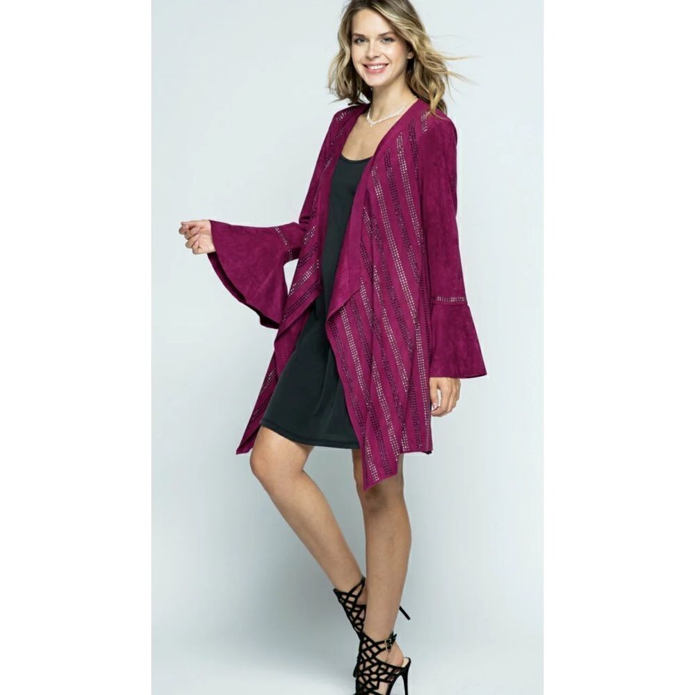 Vocal Suede Rhinestone Bell Sleeve Open Front Cardigan
